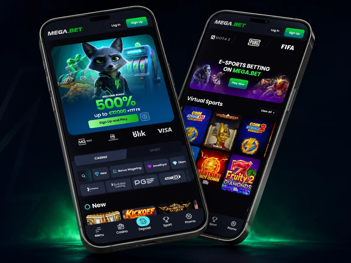 Mega Bet app op twee smartphones met casino en sportsbook
